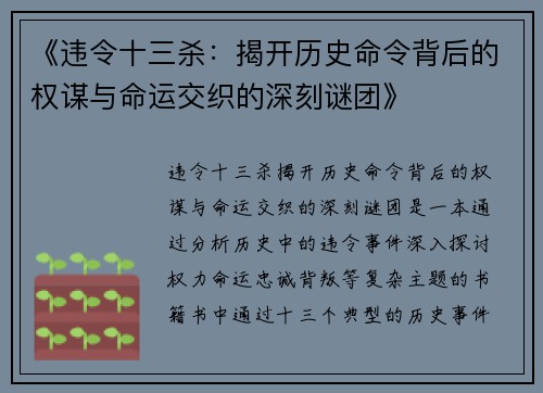 《违令十三杀：揭开历史命令背后的权谋与命运交织的深刻谜团》